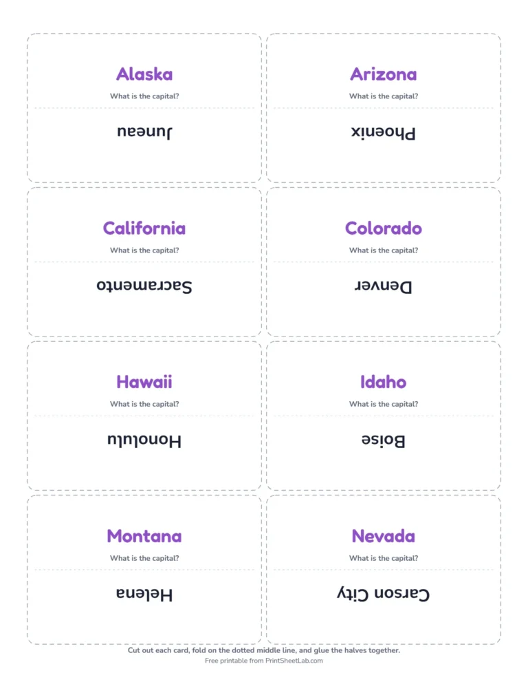 West capitals list as fold-over flash cards with the state on one side