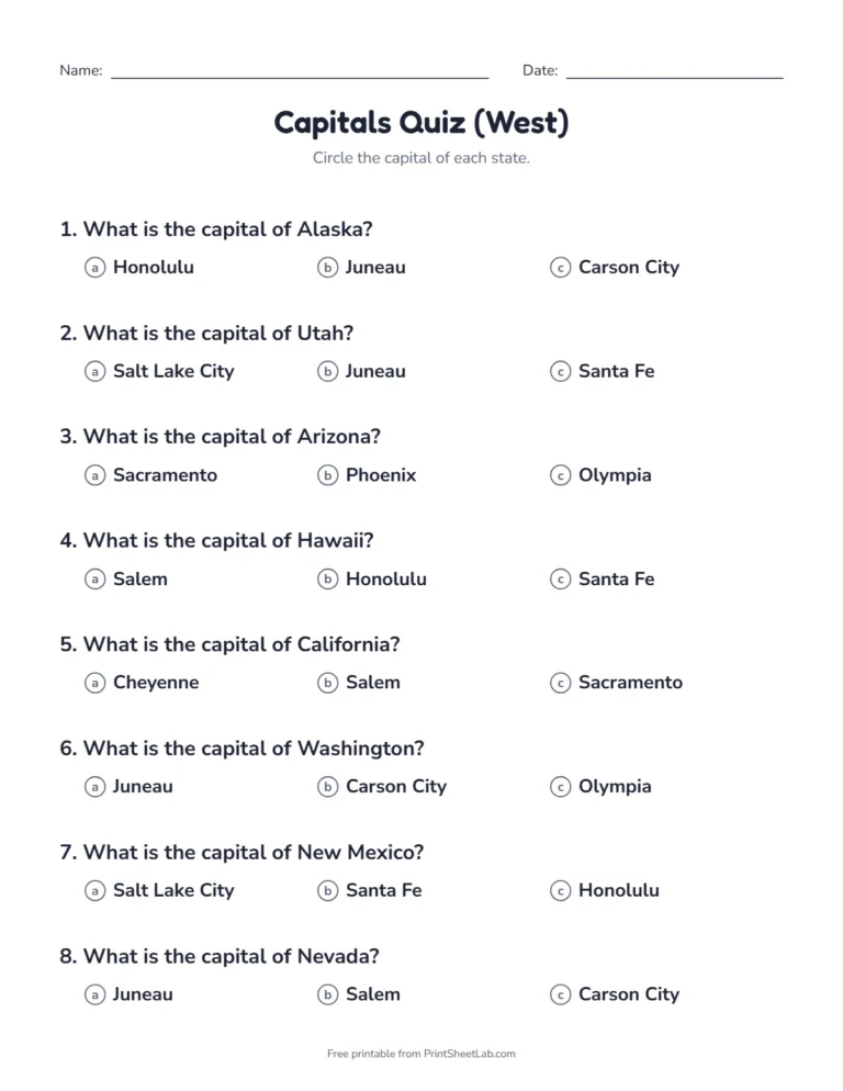 West states worksheet: a multiple choice quiz on the capitals