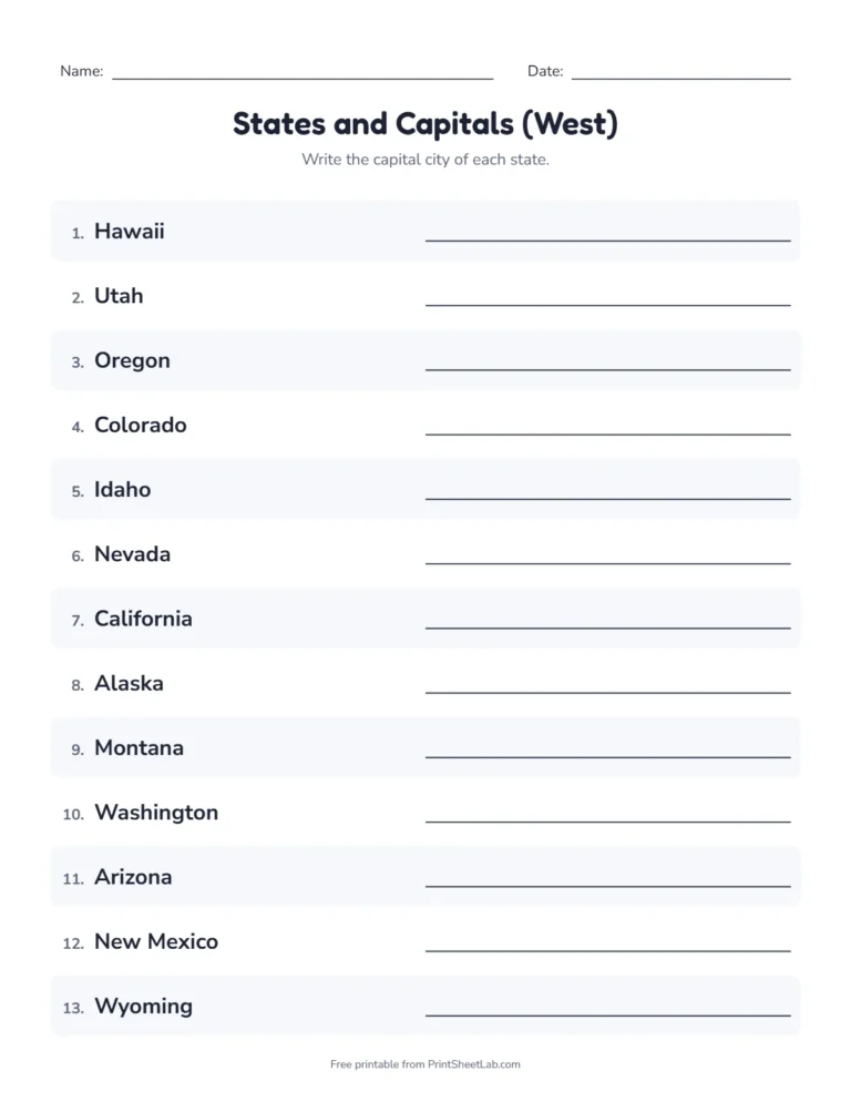 West states and capitals quiz: write the capital of each state, with an answer key