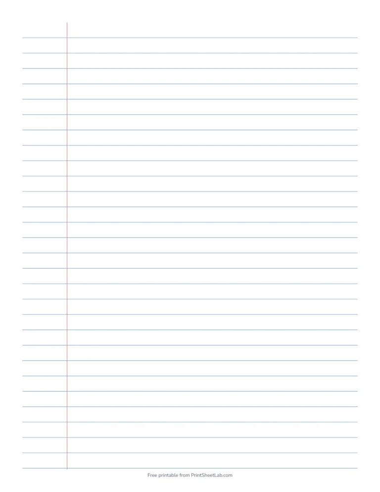 Wide ruled paper printable in blue with a margin line