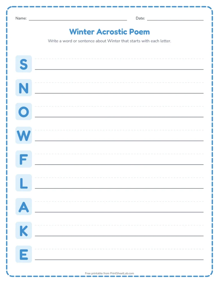 Winter acrostic poem worksheet: write a word for each letter of SNOWFLAKE