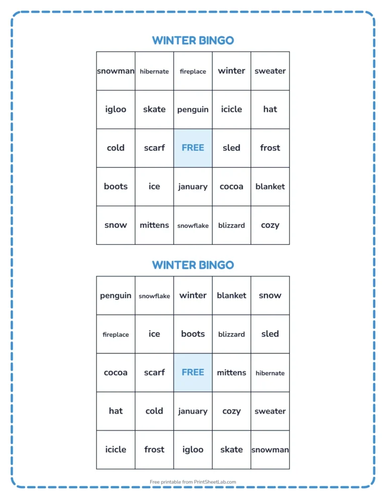 Winter bingo printable: two different bingo cards with winter words