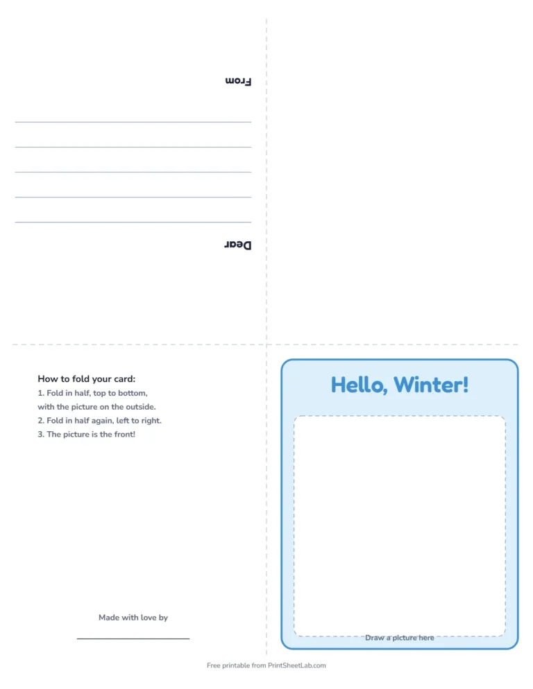 Winter card printable: a fold-up greeting card that says Hello, Winter!