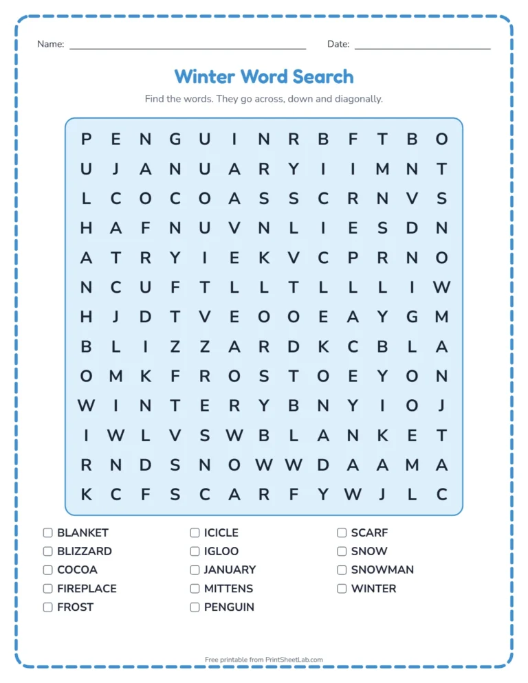 Winter worksheets: word search printable with winter words and a word list