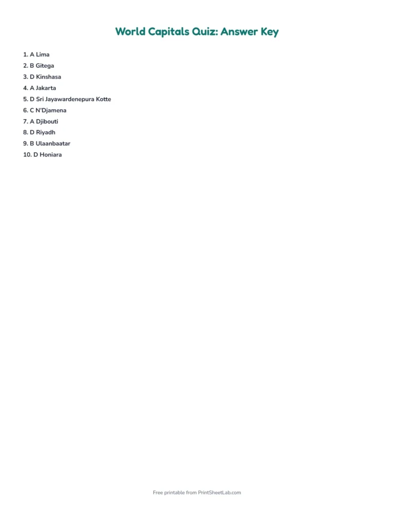 World capitals quiz answer key with every answer