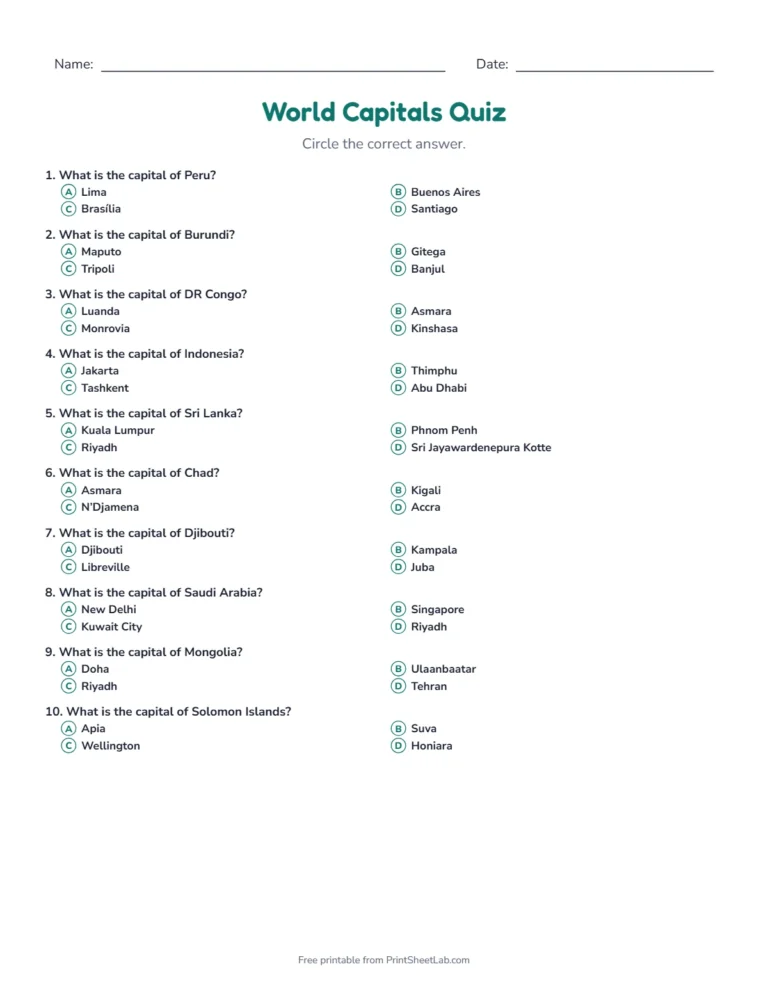 World capitals quiz: printable multiple-choice quiz sheet with 12 questions