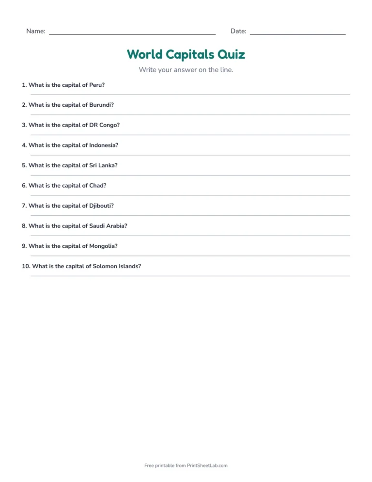 World capitals quiz write-in sheet with lines for the answers
