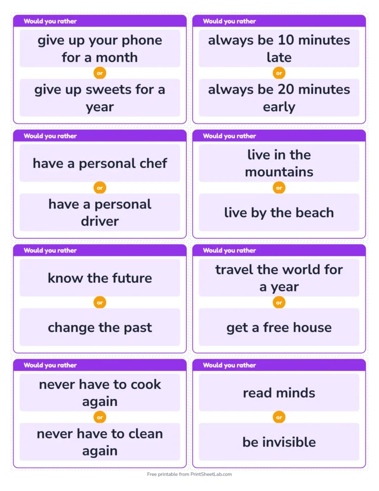 Would you rather questions big cards, 8 on a page