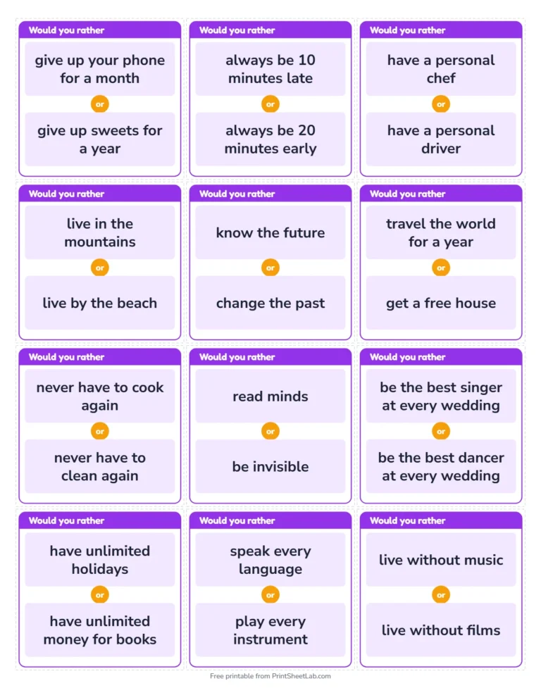 Would you rather questions: printable cards, 12 on a page