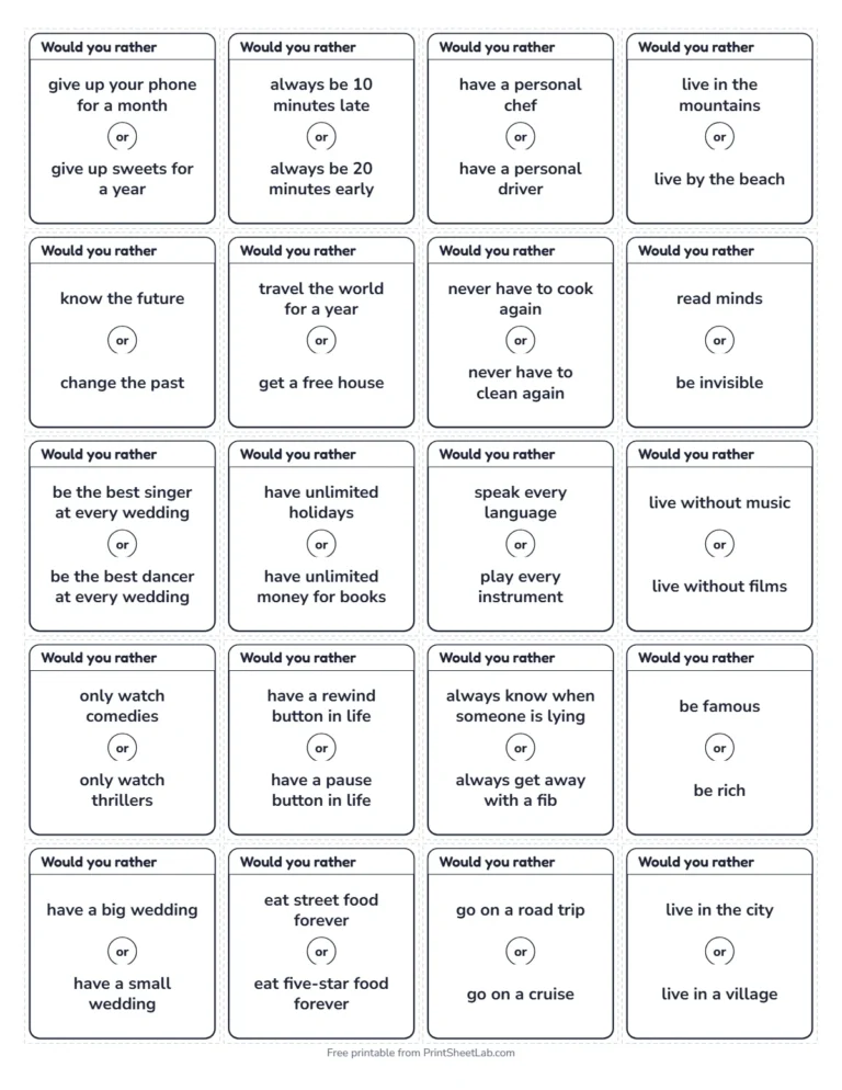 Would you rather questions small cards in black and white, 20 on a page
