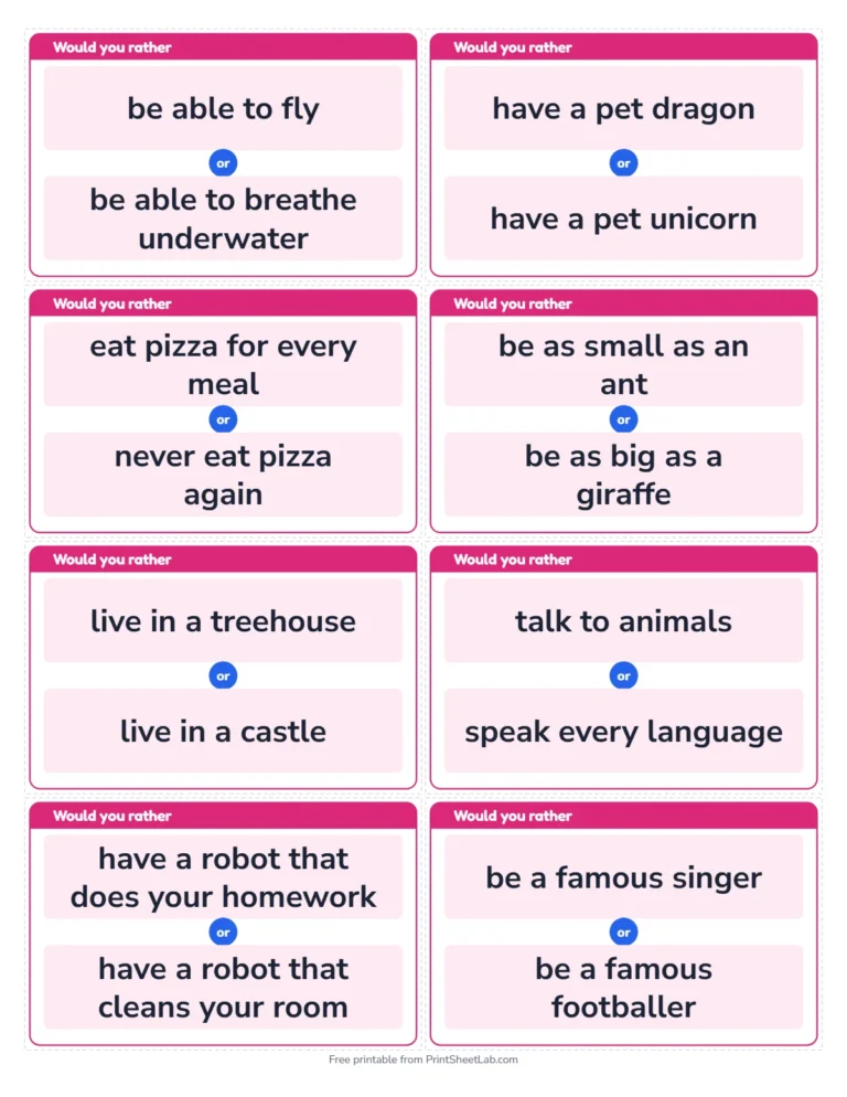 Would you rather questions for kids big cards, 8 on a page