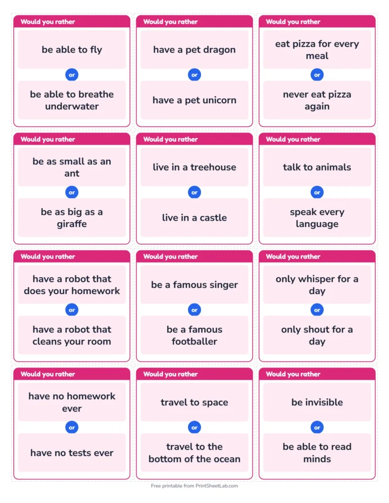 Would you rather questions for kids: printable cards, 12 on a page