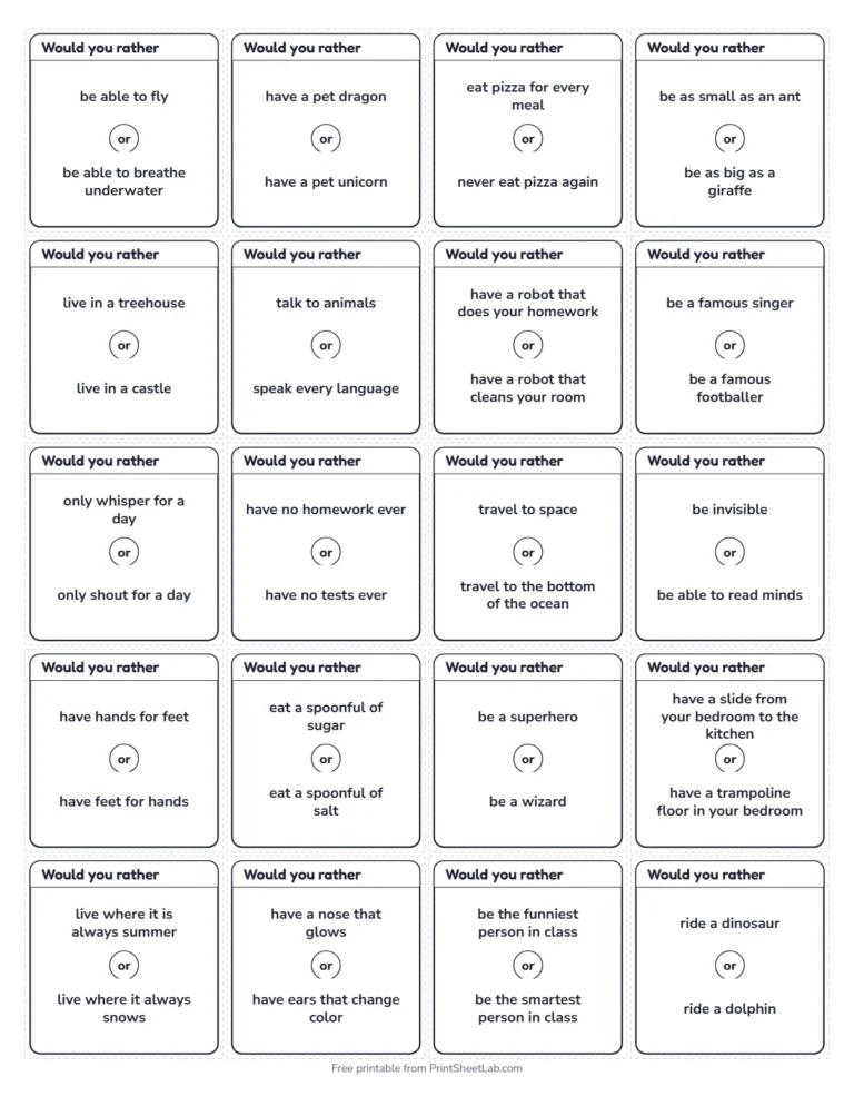 Would you rather questions for kids small cards in black and white, 20 on a page