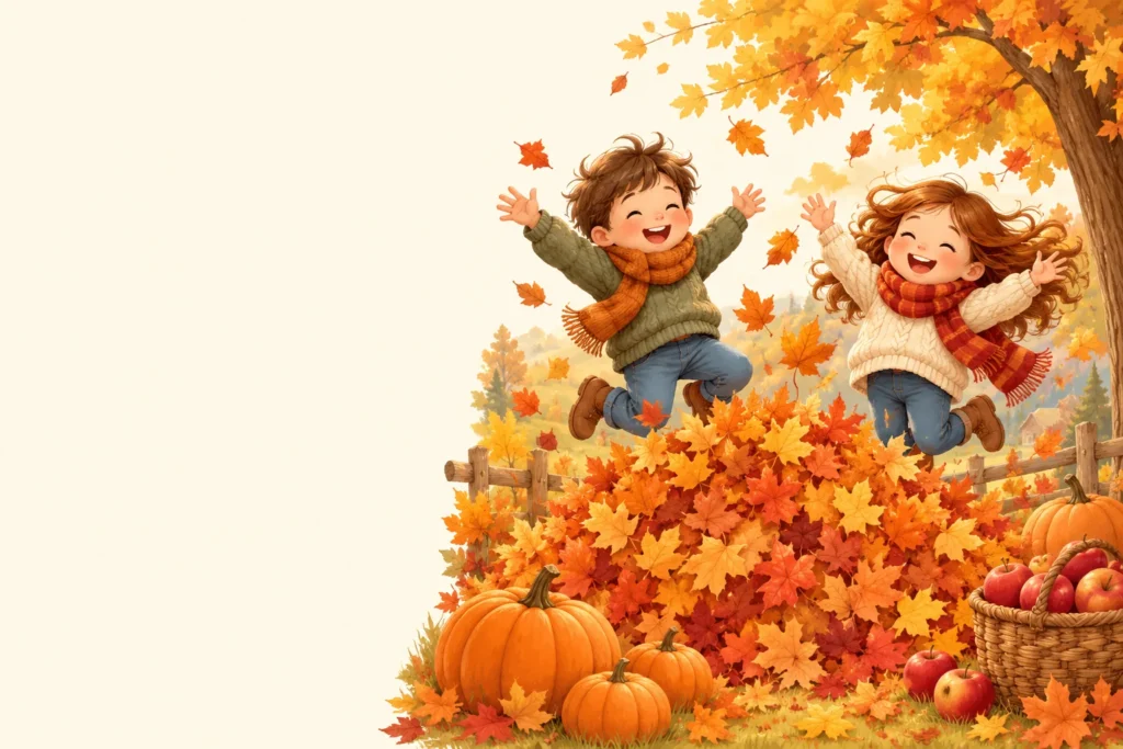 Children jumping into a pile of autumn leaves