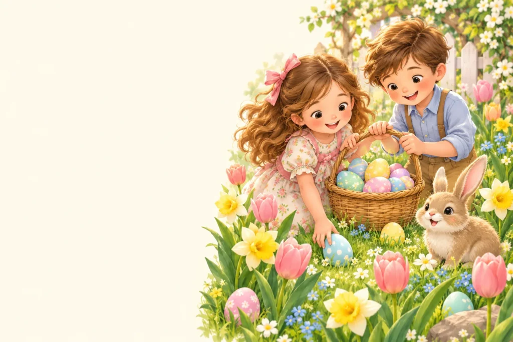 Children on an Easter egg hunt in a garden