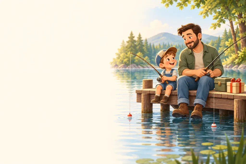 Dad and child fishing together on a dock