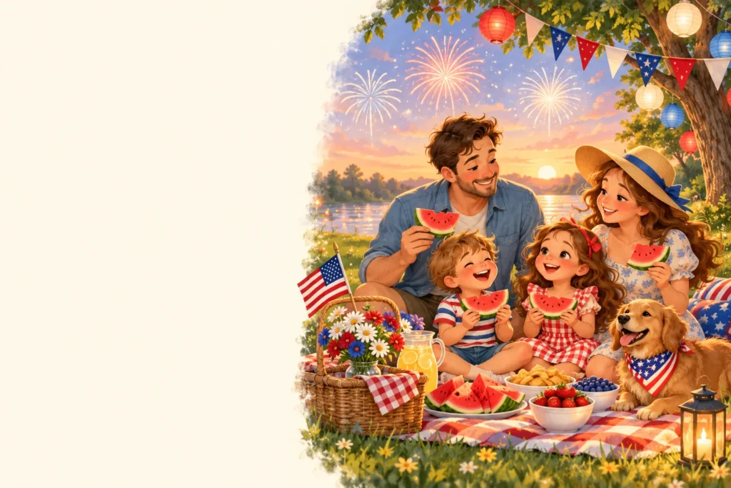 Family picnic with red, white and blue bunting