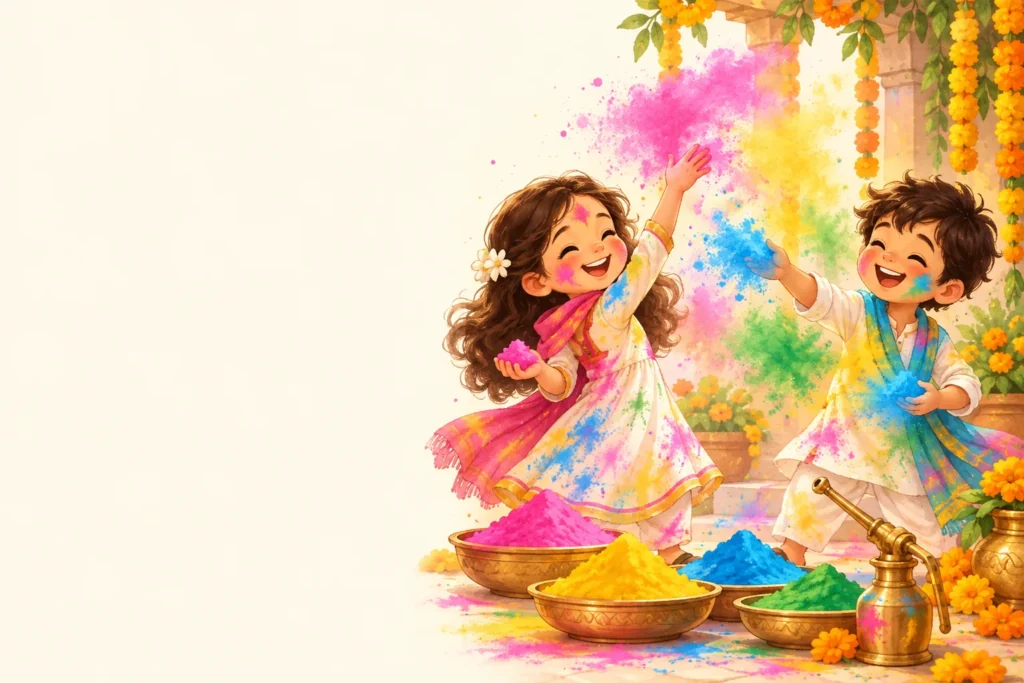 Children celebrating Holi with colored powder