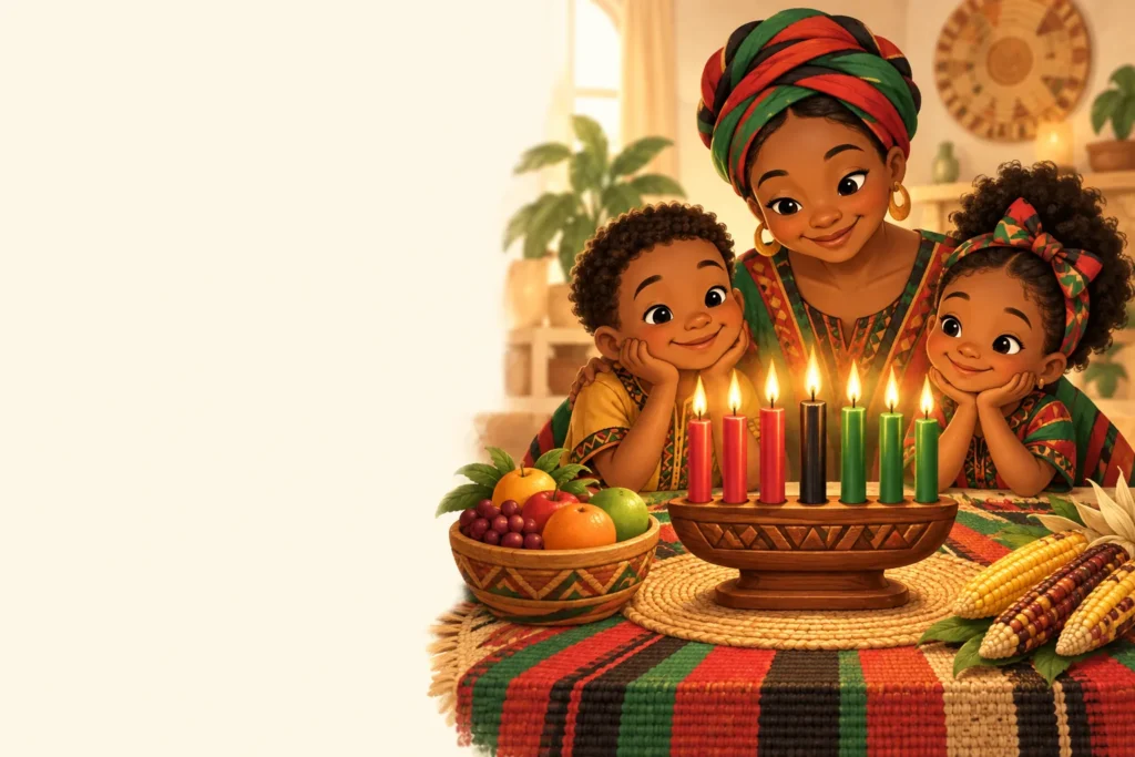 Family lighting the kinara candles for Kwanzaa