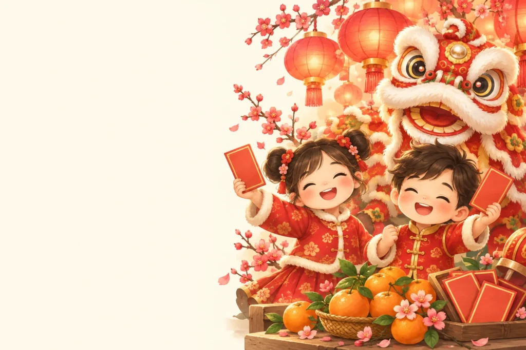 Children with red lanterns and a lion dance costume