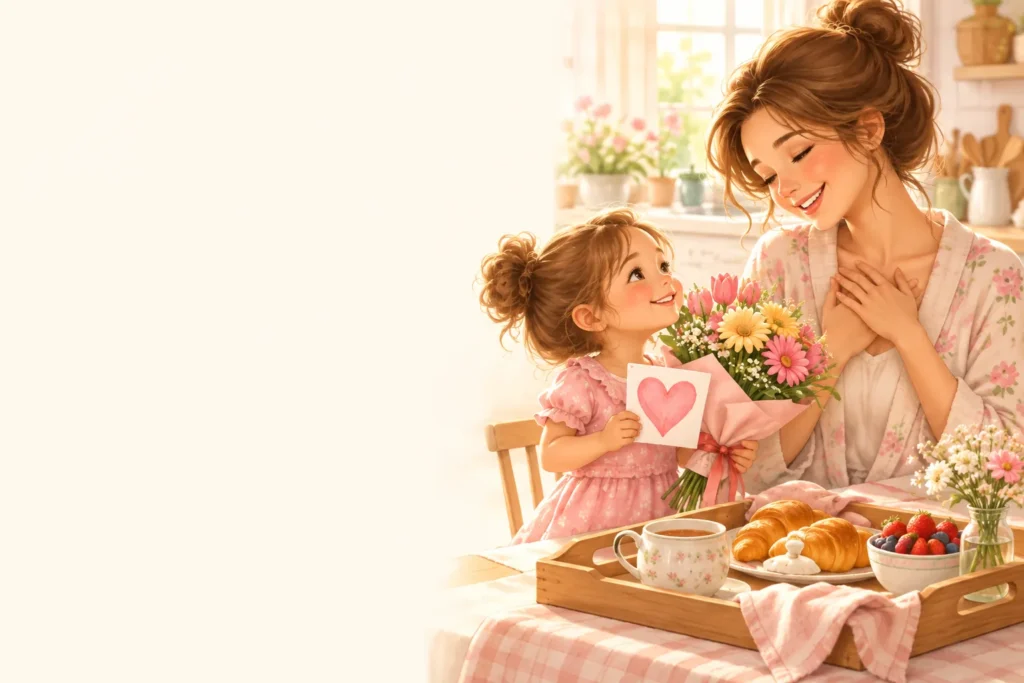 Child giving mom a bouquet of flowers