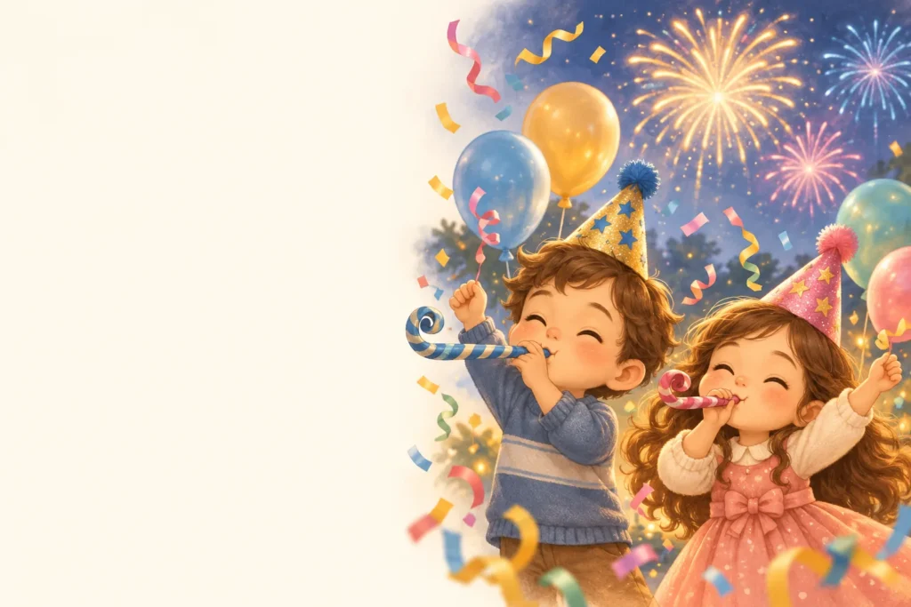 Children in party hats with confetti and fireworks