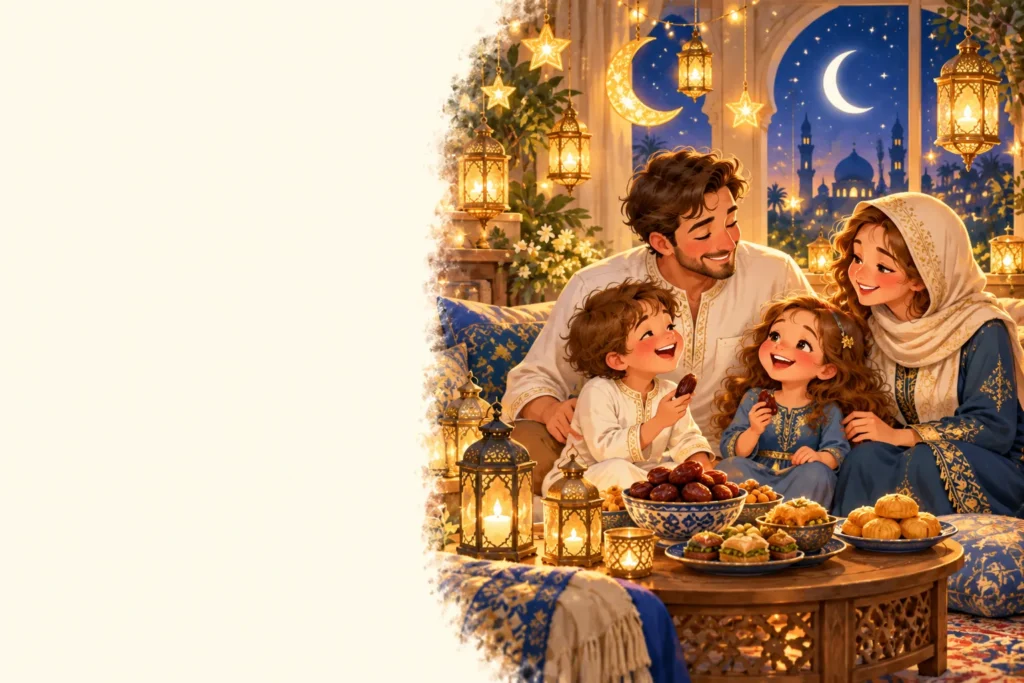 Family home with glowing Ramadan lanterns and dates