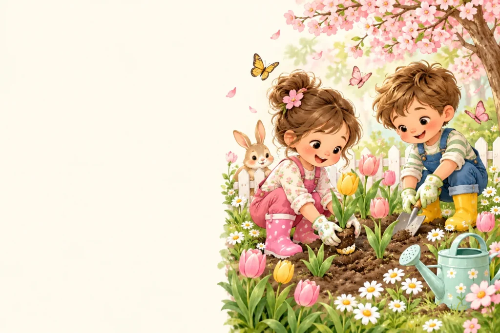Children planting tulips under spring blossoms