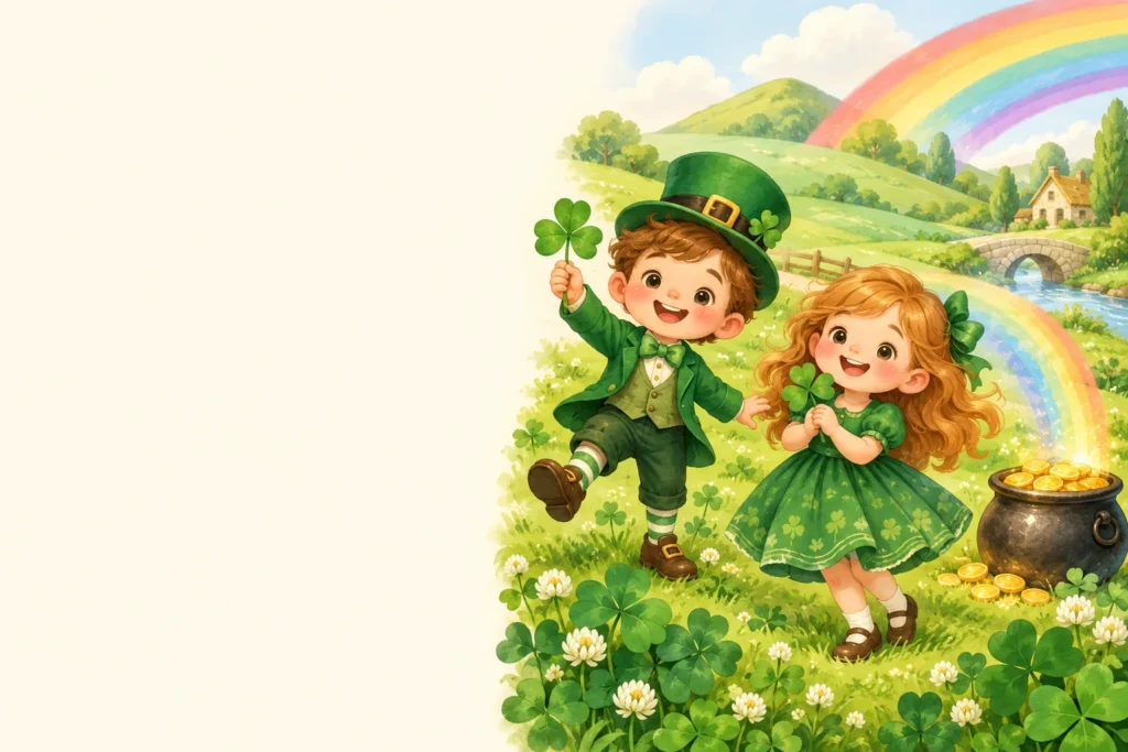 Children with shamrocks and a rainbow