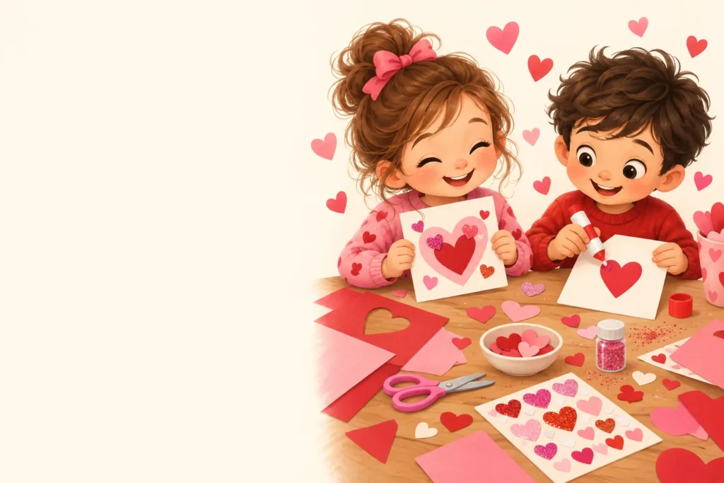 Children making paper heart cards
