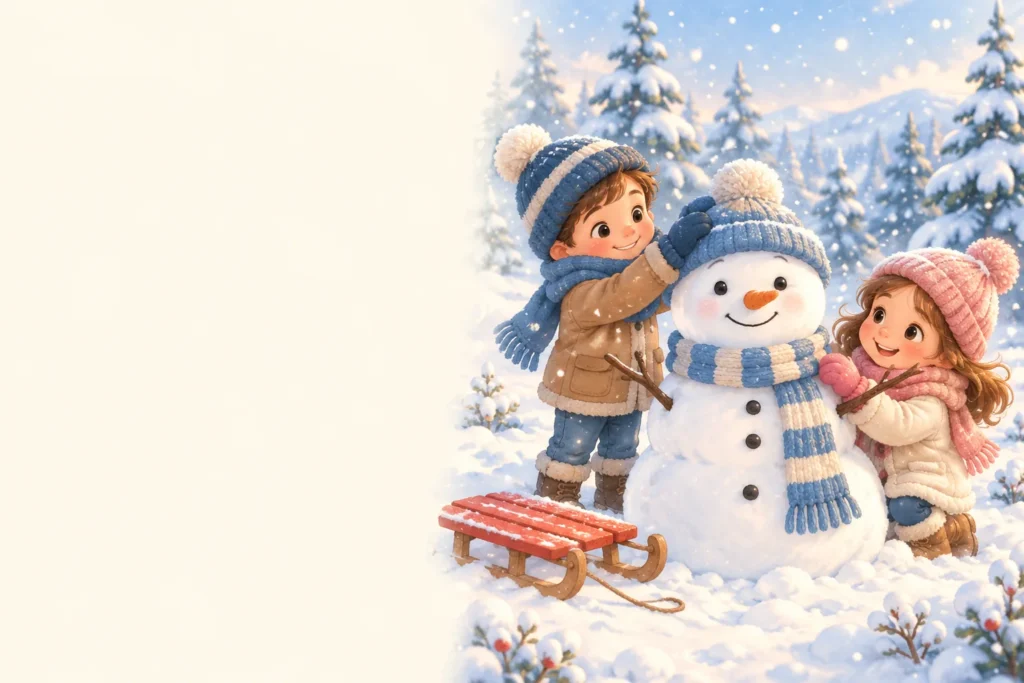 Two children building a smiling snowman in the snow